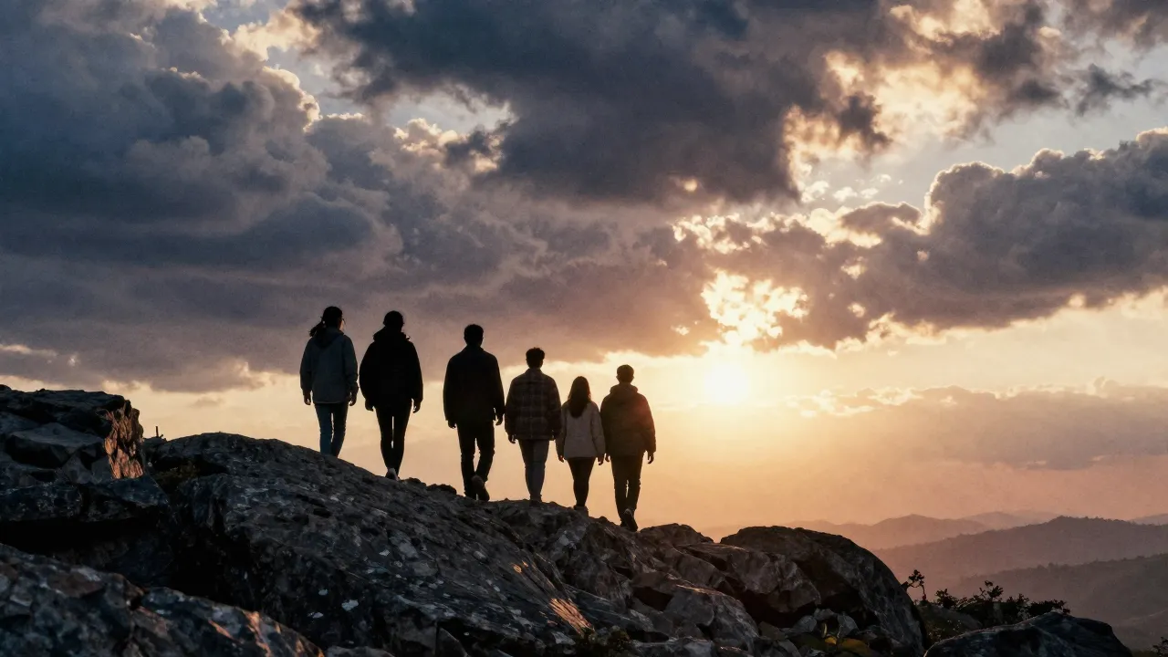 Watercolor style. Silhouettes of a group of friends walking ...