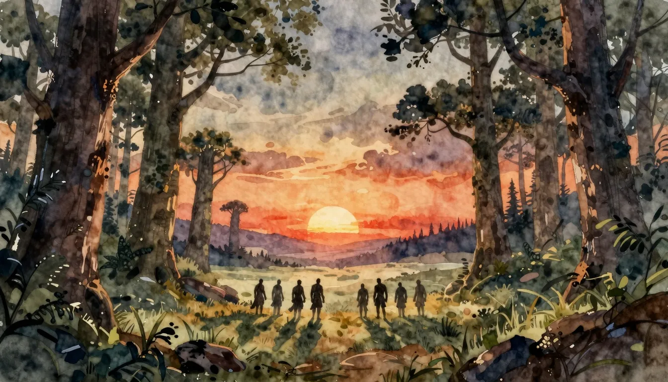 Watercolor style. A dramatic landscape with ancient forests,...