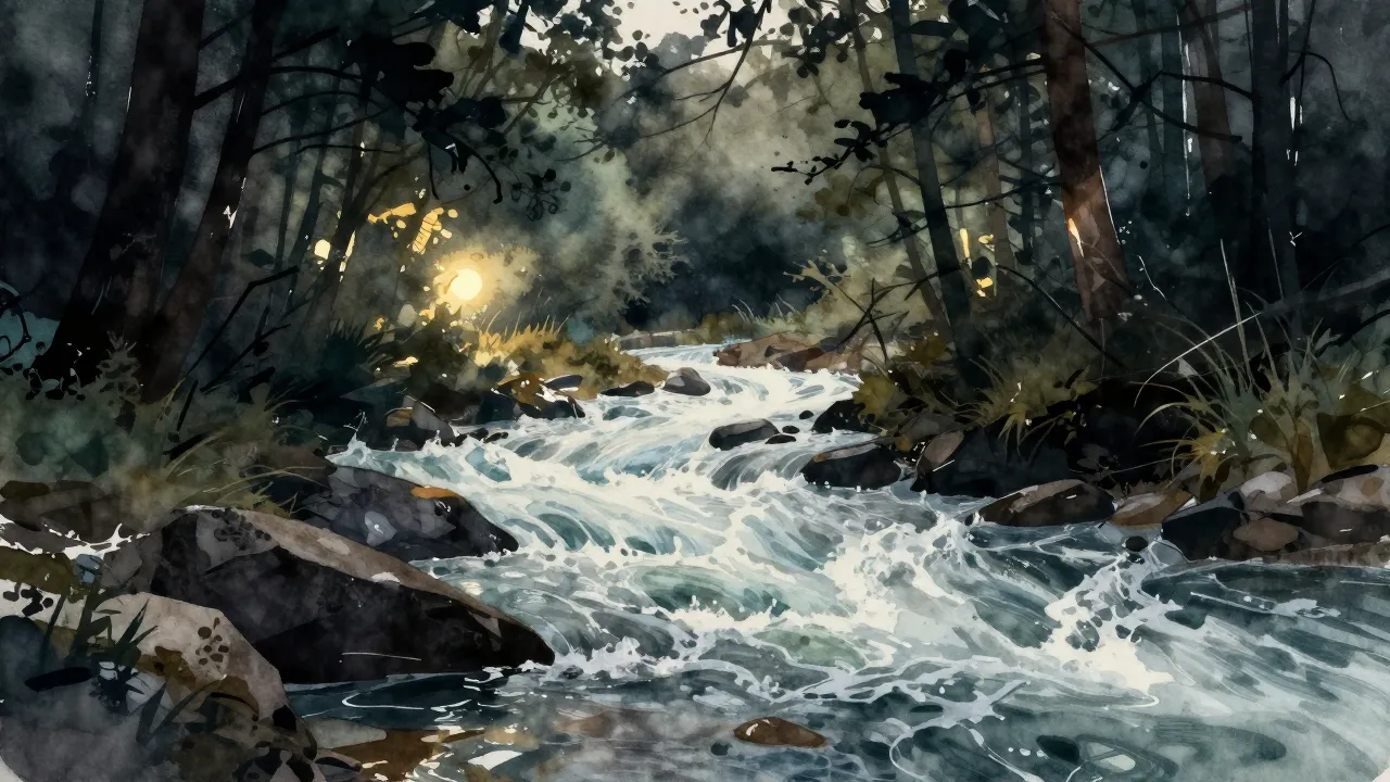 Watercolor style. A turbulent river flowing through a dark f...