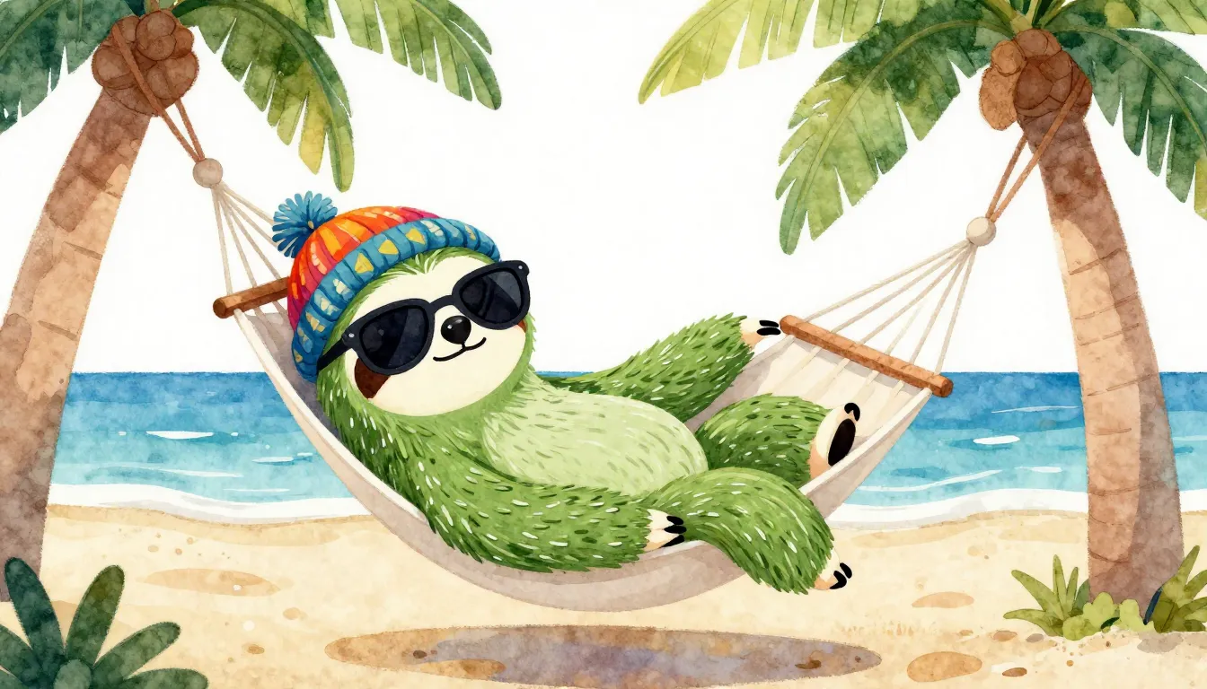 Watercolor style. A relaxed green sloth wearing sunglasses a...