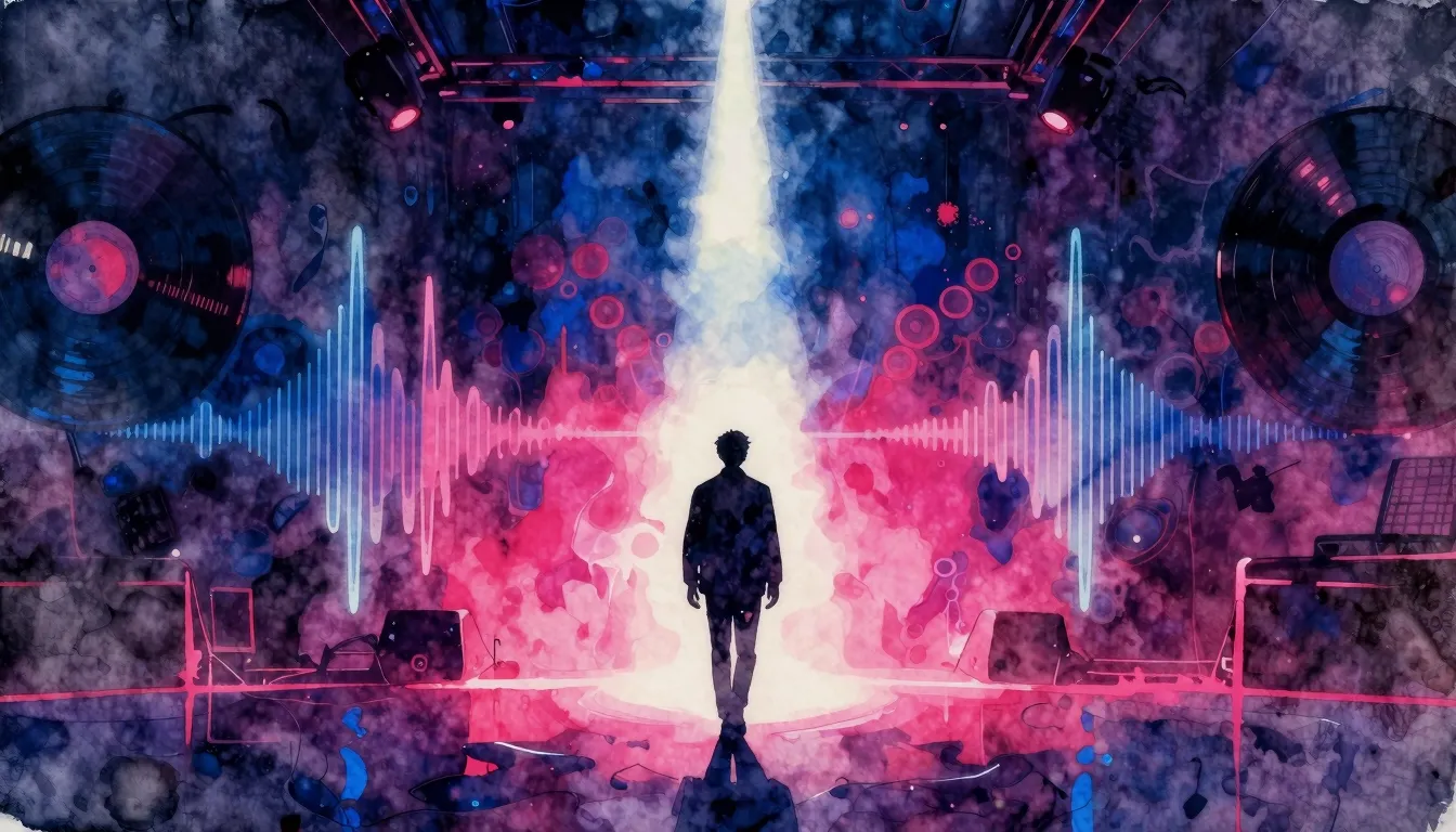 Vibrant watercolor style. Rock music album cover, a dark neo...