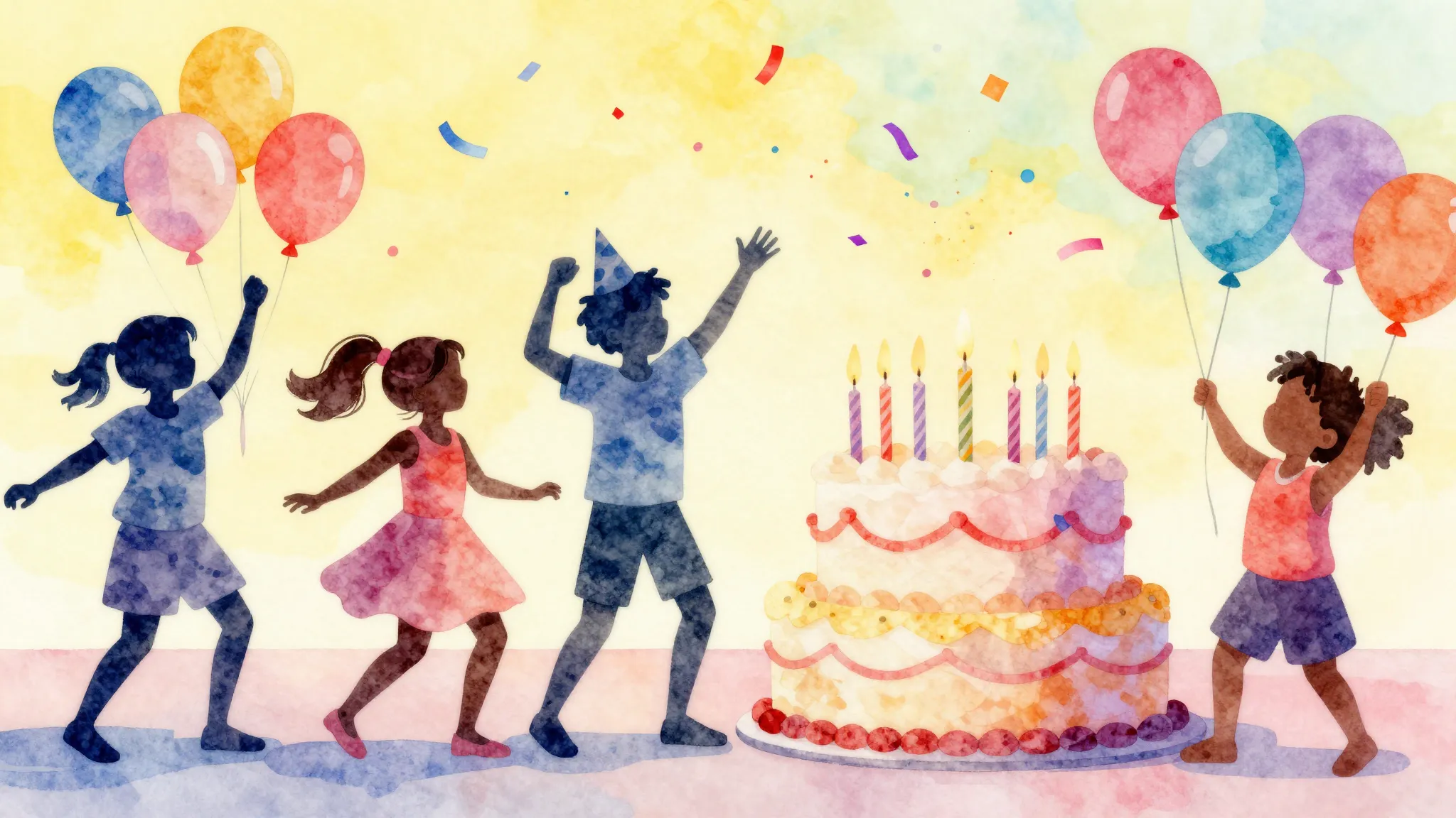 Watercolor style. A bright and colorful birthday party scene...