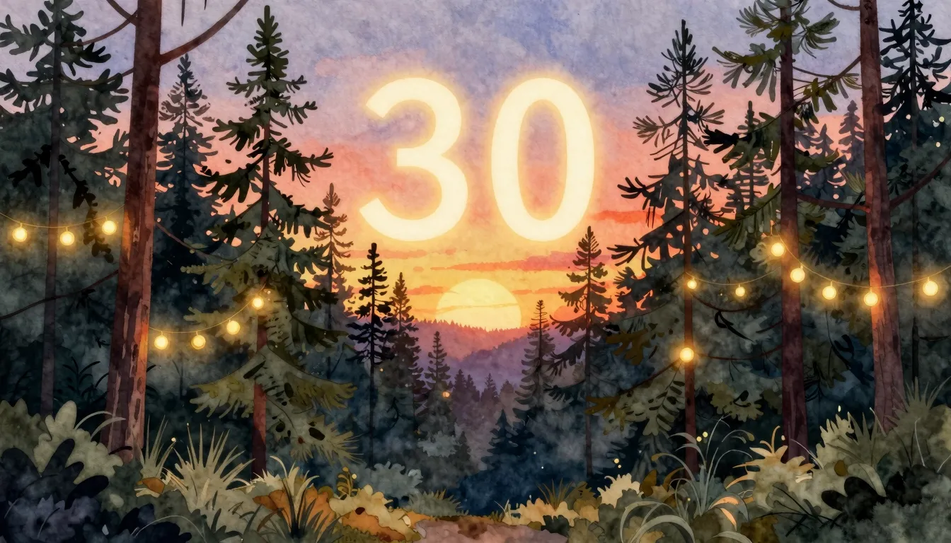 Watercolor style. A cozy pine forest at sunset, warm glowing...