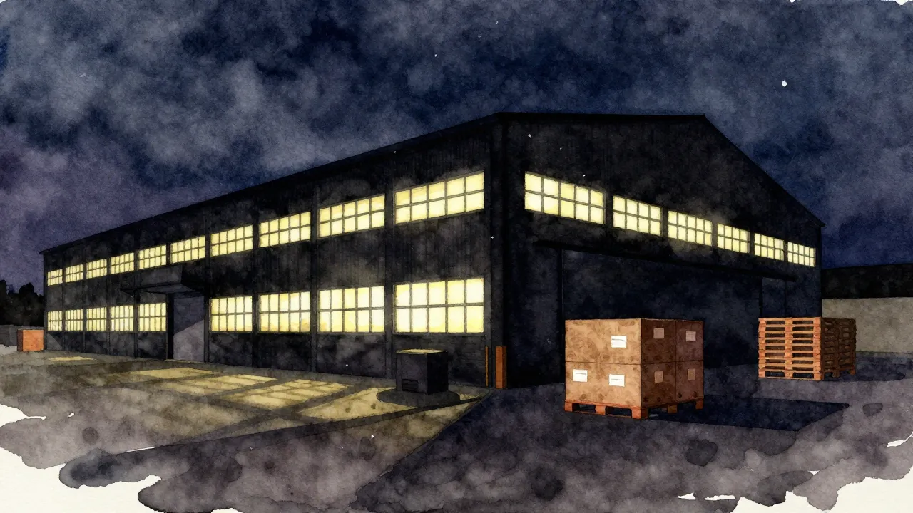Watercolor style. Silhouette of a large warehouse building a...