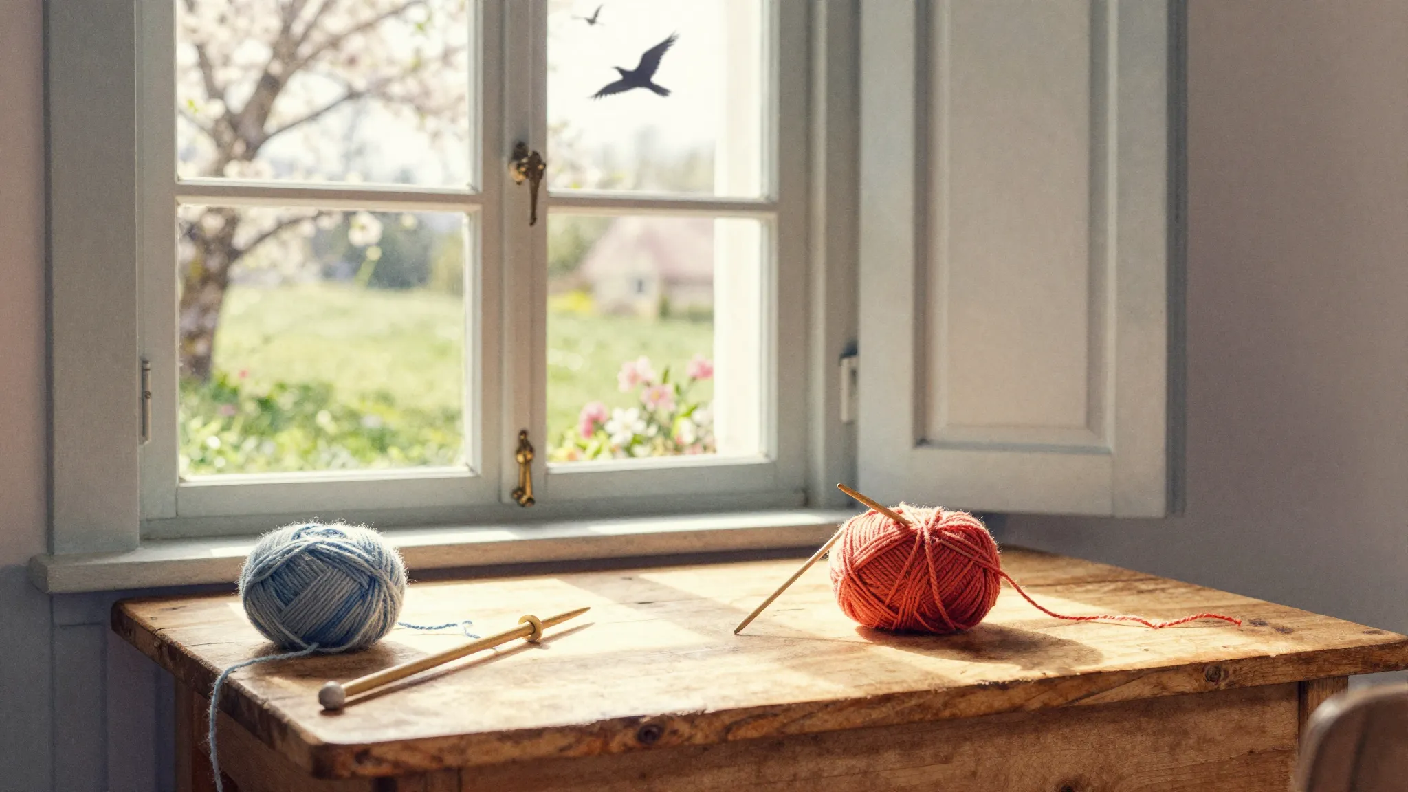 Watercolor style. Cozy country house interior, spring nature...