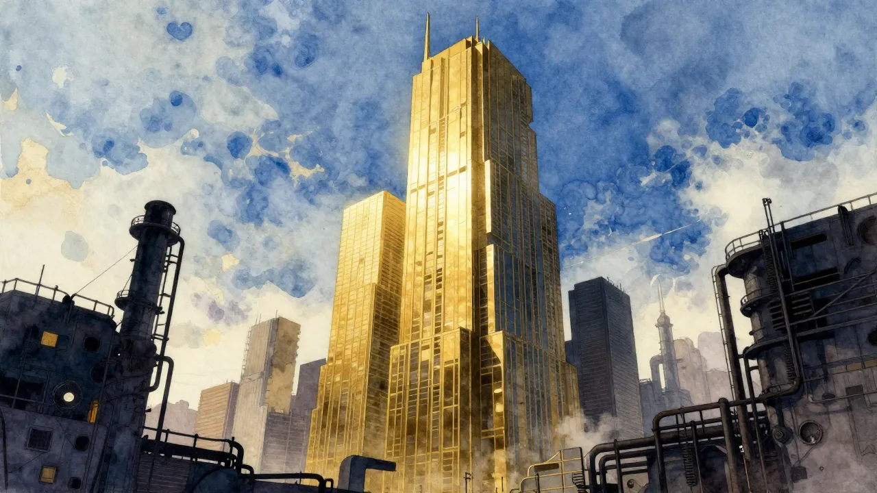 Vibrant watercolor style. Dystopian brutalist architecture, ...
