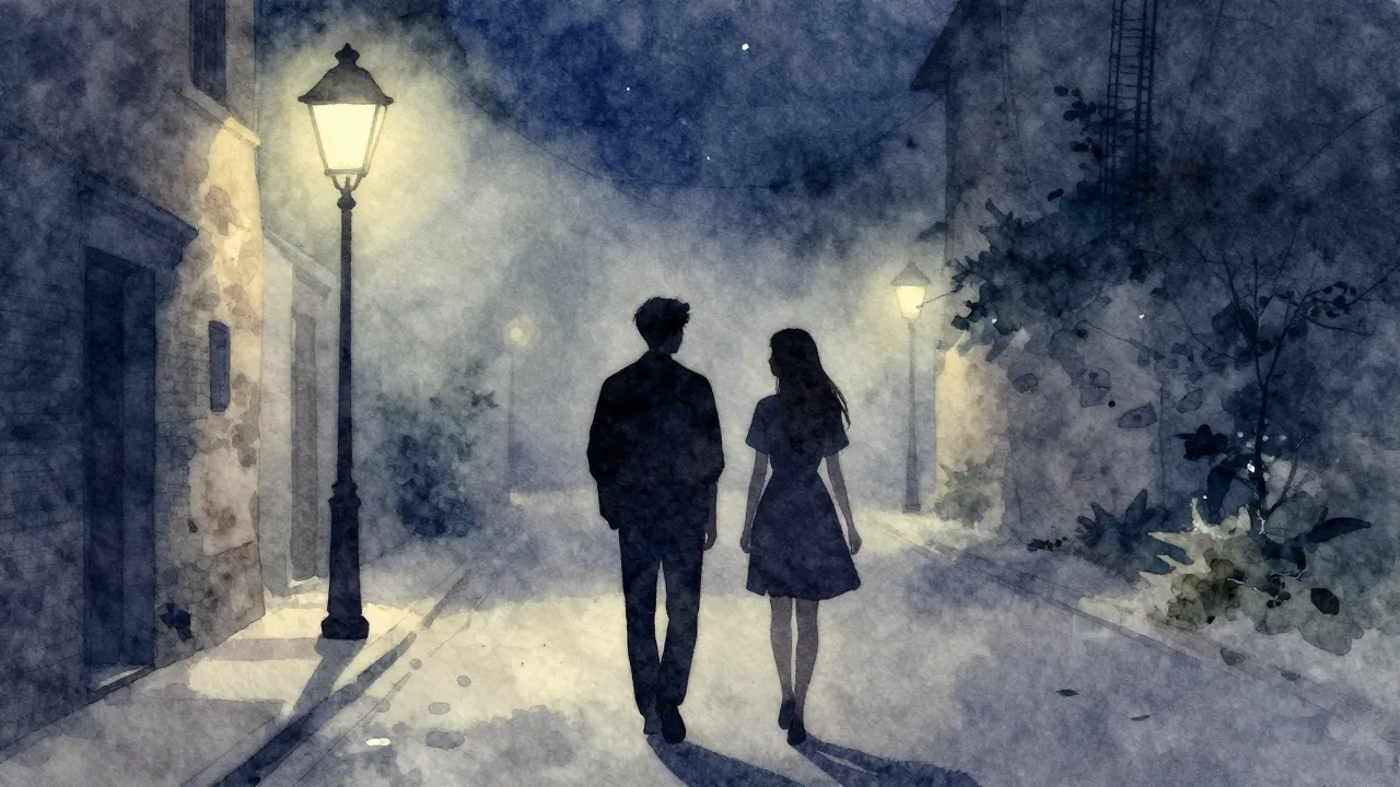 Watercolor style. A silhouette of two young lovers walking u...