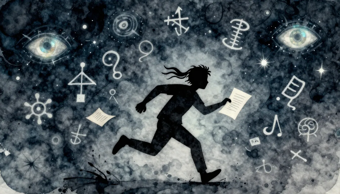 Watercolor style. A silhouette of a small, frantic figure ru...