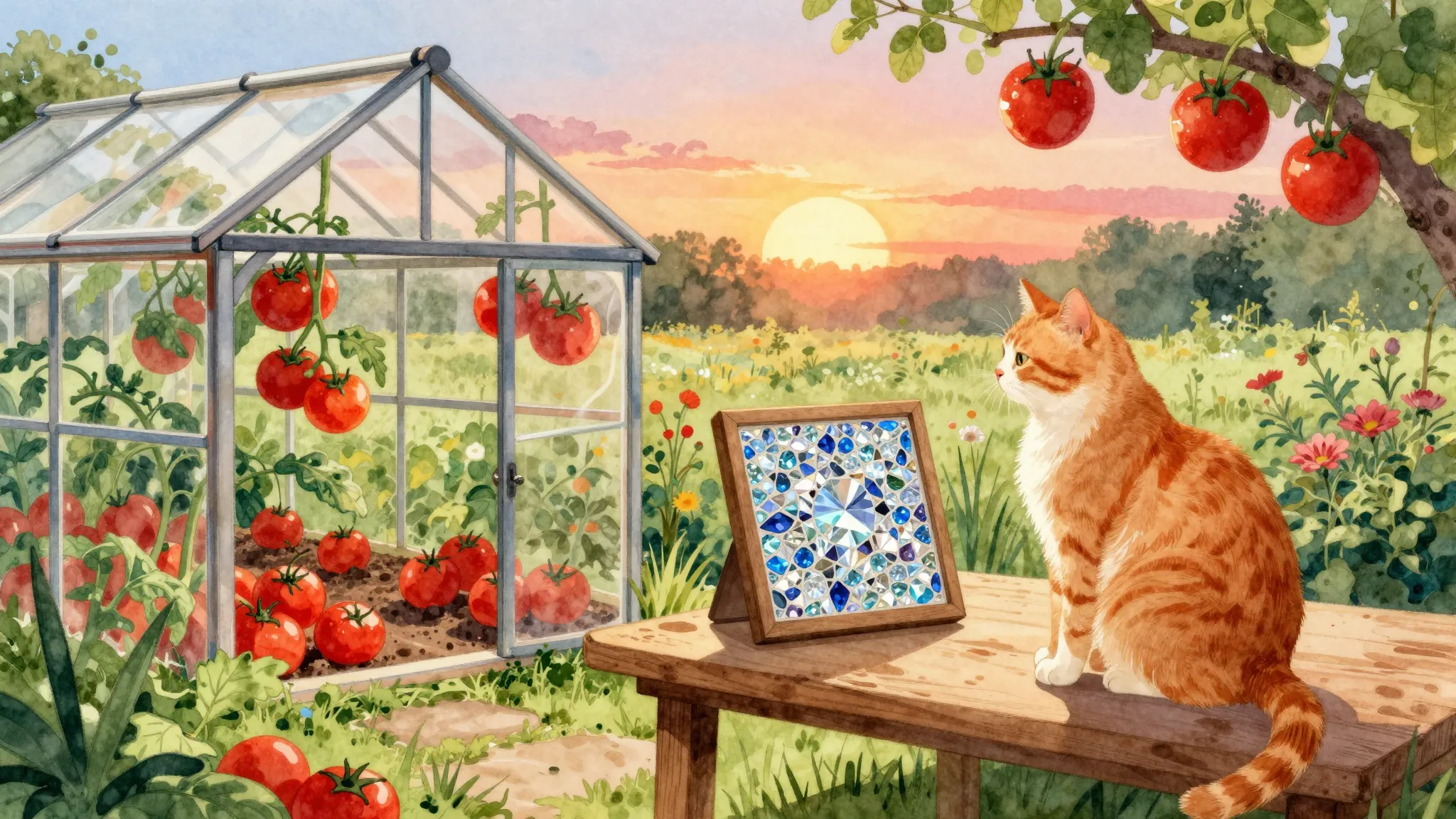 Vibrant watercolor style. A cozy, warm illustration of a cou...