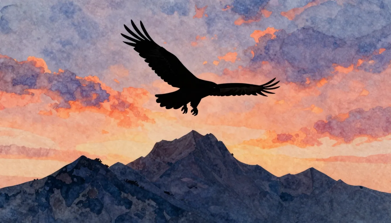 Watercolor style. Silhouette of an eagle flying high above m...