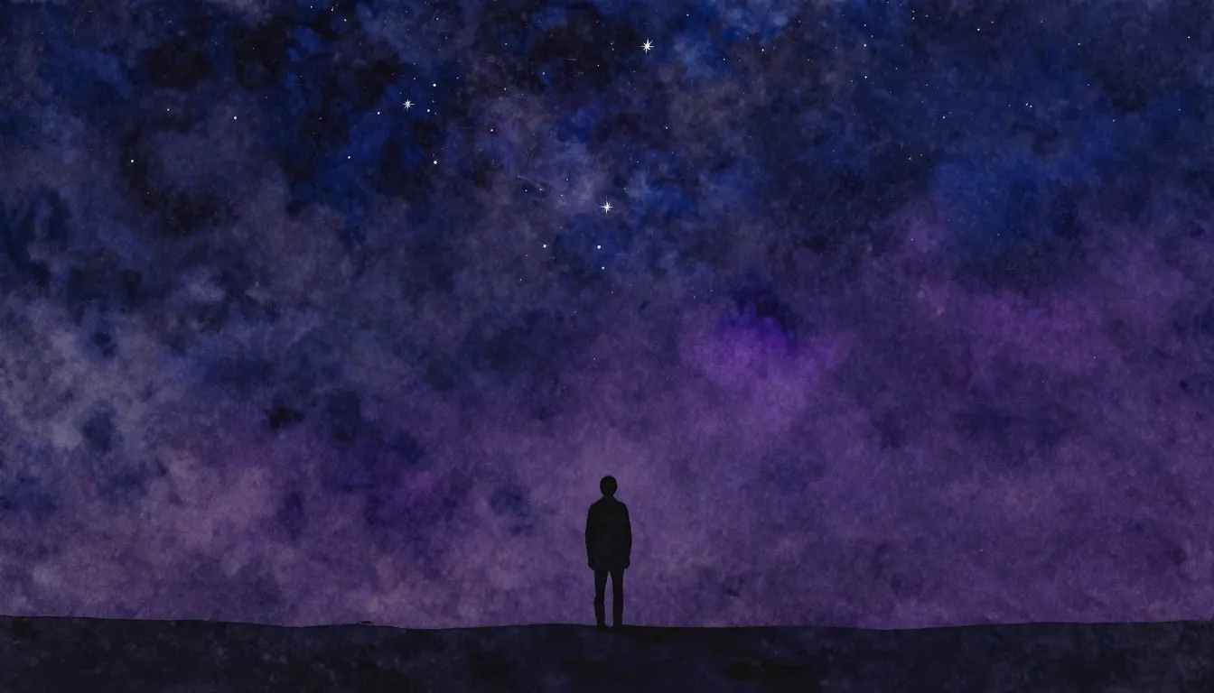 Vibrant watercolor style. A lonely silhouette standing under...