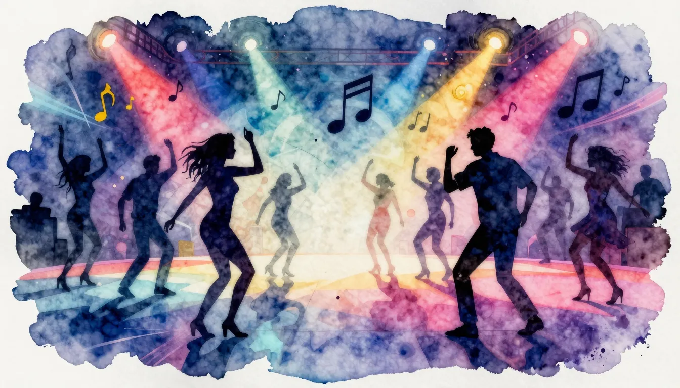 Watercolor style. A vibrant dance floor with colorful lights...