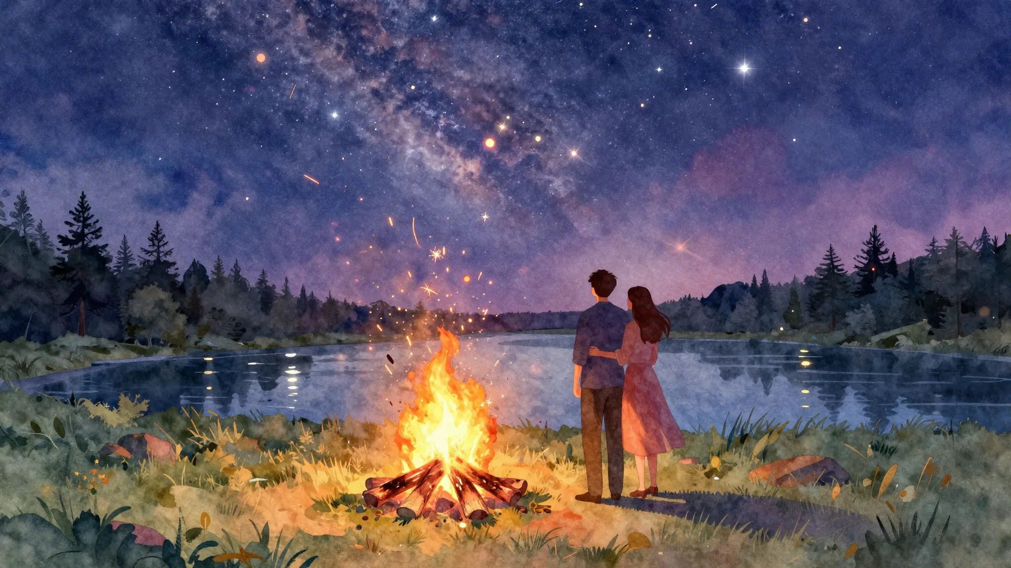 Vibrant watercolor style. A romantic silhouette of a couple ...