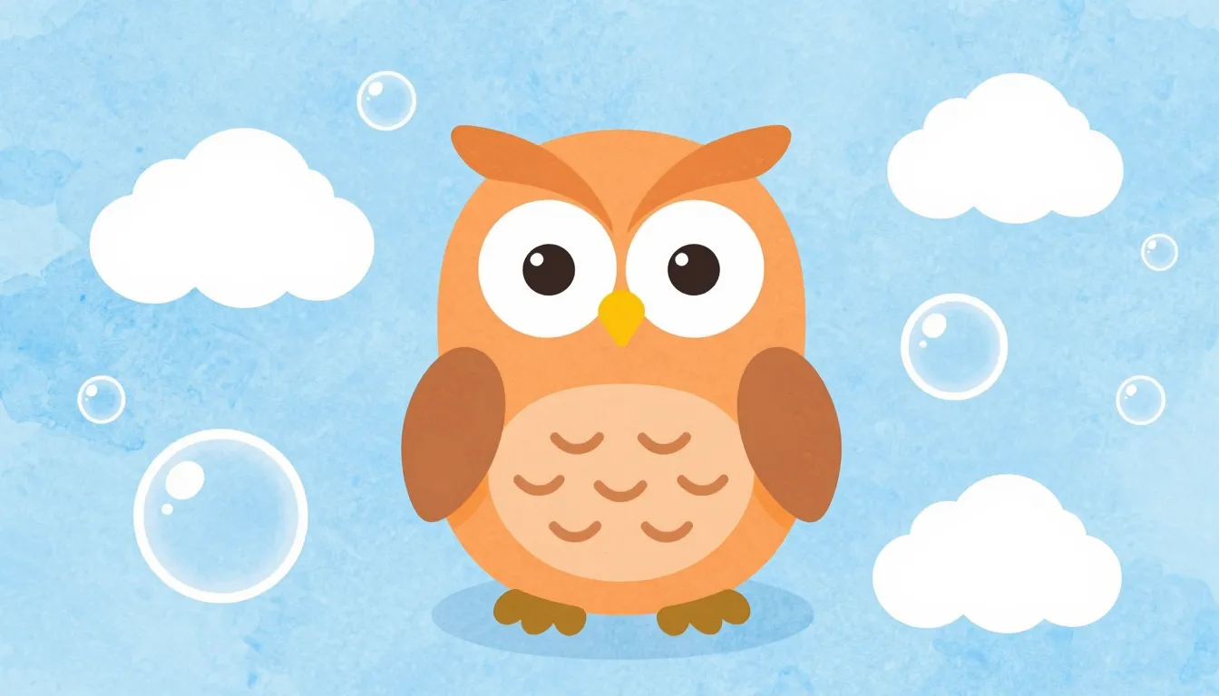 Watercolor style. A cute cartoon owl sitting on a round oran...