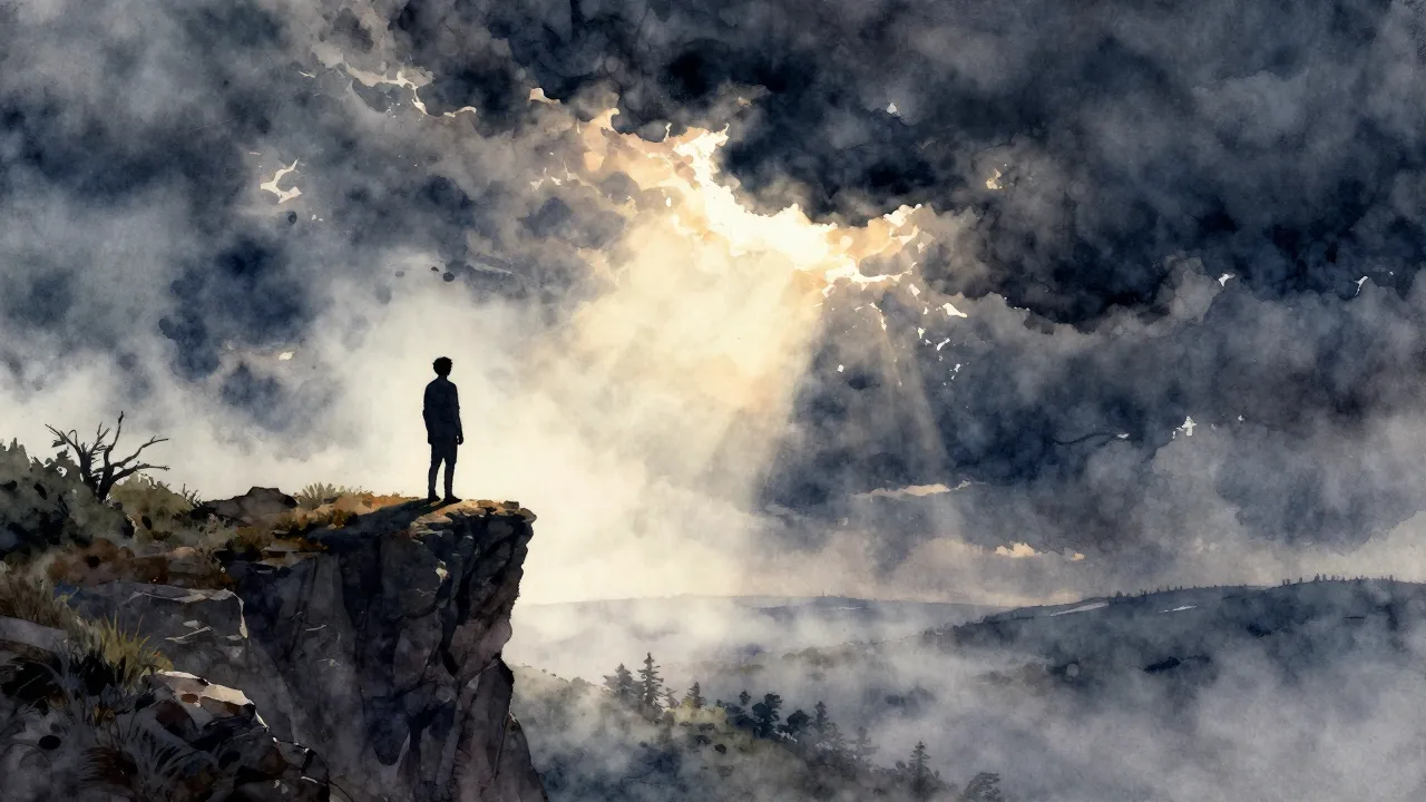 Watercolor style. A lone silhouette standing on a cliff edge...