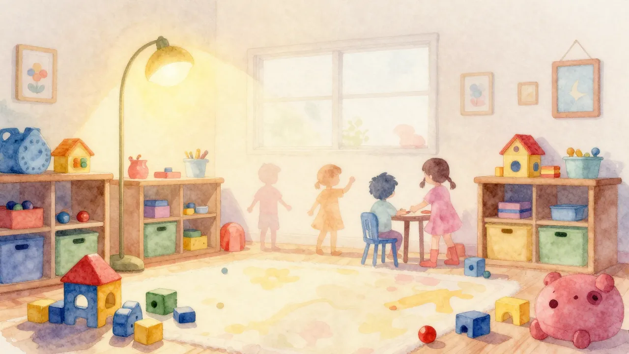 Watercolor style. A cozy kindergarten room with colorful toy...