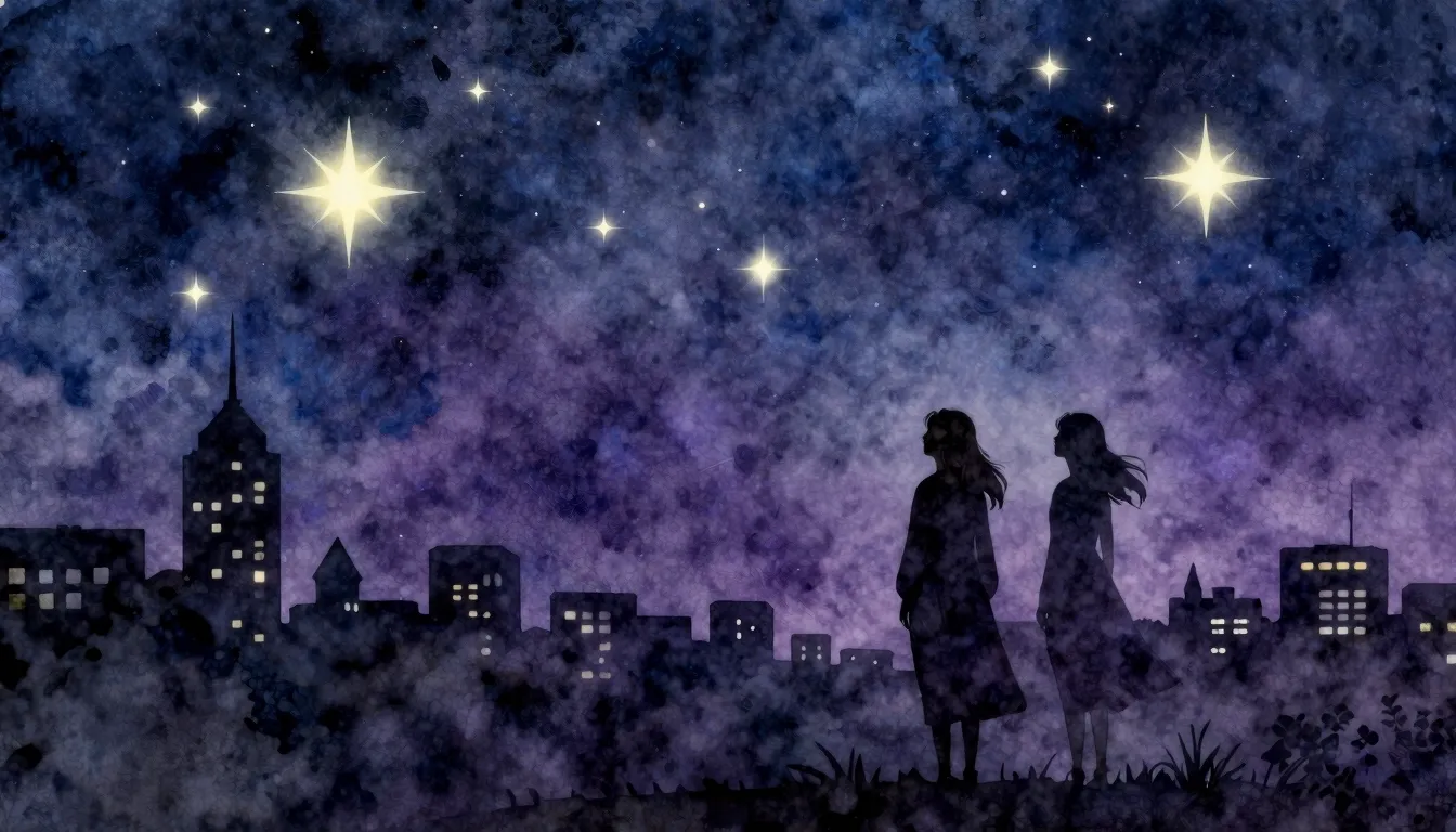 Watercolor style. Magical night sky with glowing stars, dark...