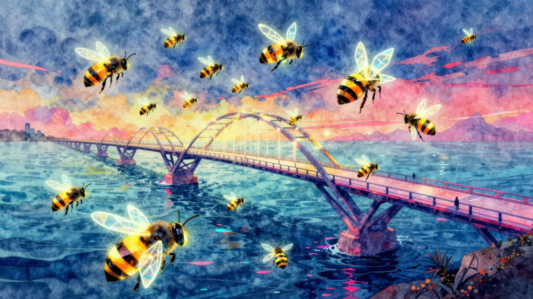 Vibrant watercolor style. Cyberpunk aesthetic, a digital swa...