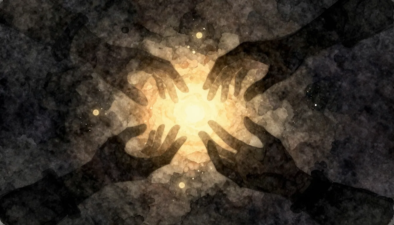 Watercolor style. A glowing warm light surrounded by dark sh...