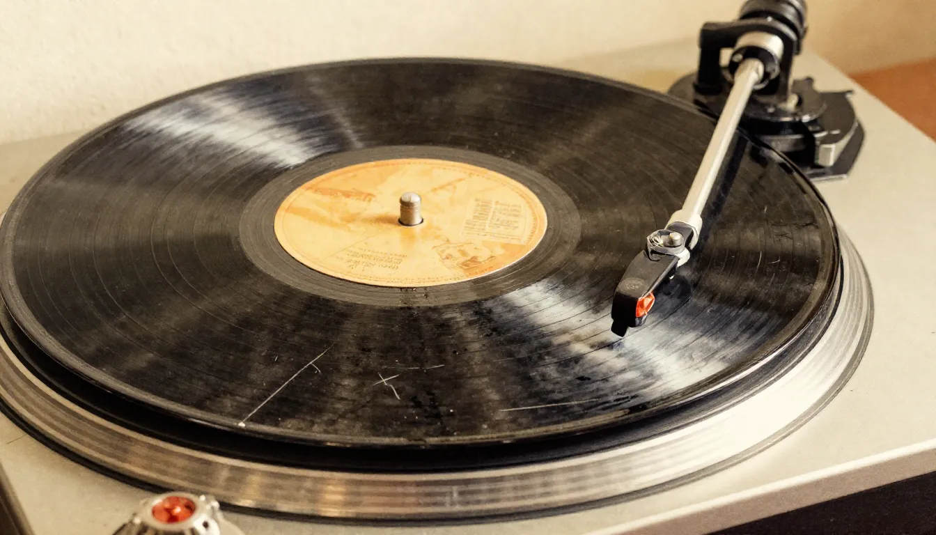 Watercolor style. Close-up of a dusty black vinyl record spi...