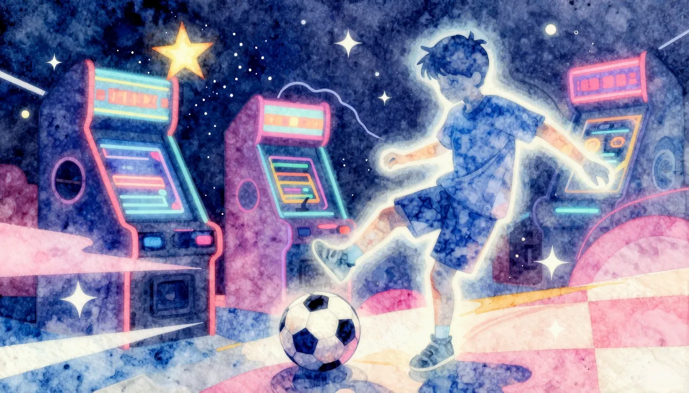Watercolor style. A glowing silhouette of a boy kicking a so...
