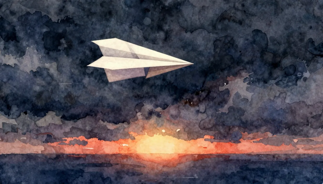 Vibrant watercolor style. A lonely paper airplane flying thr...
