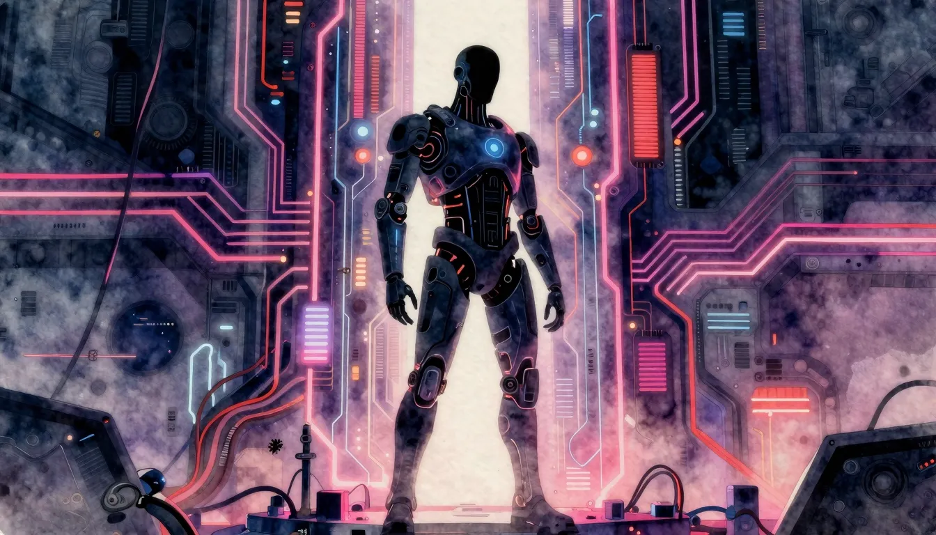Vibrant watercolor style. Cybernetic silhouette standing in ...
