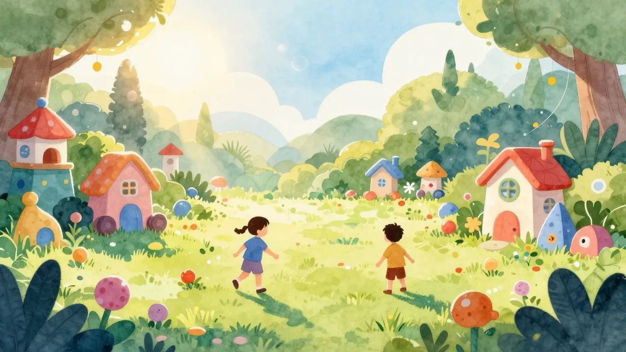 Watercolor style. Bright sunny day in a magical garden, colo...
