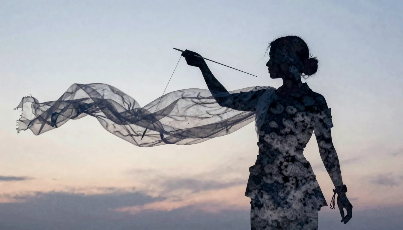 Watercolor style. Silhouette of a female weaver made of wind...