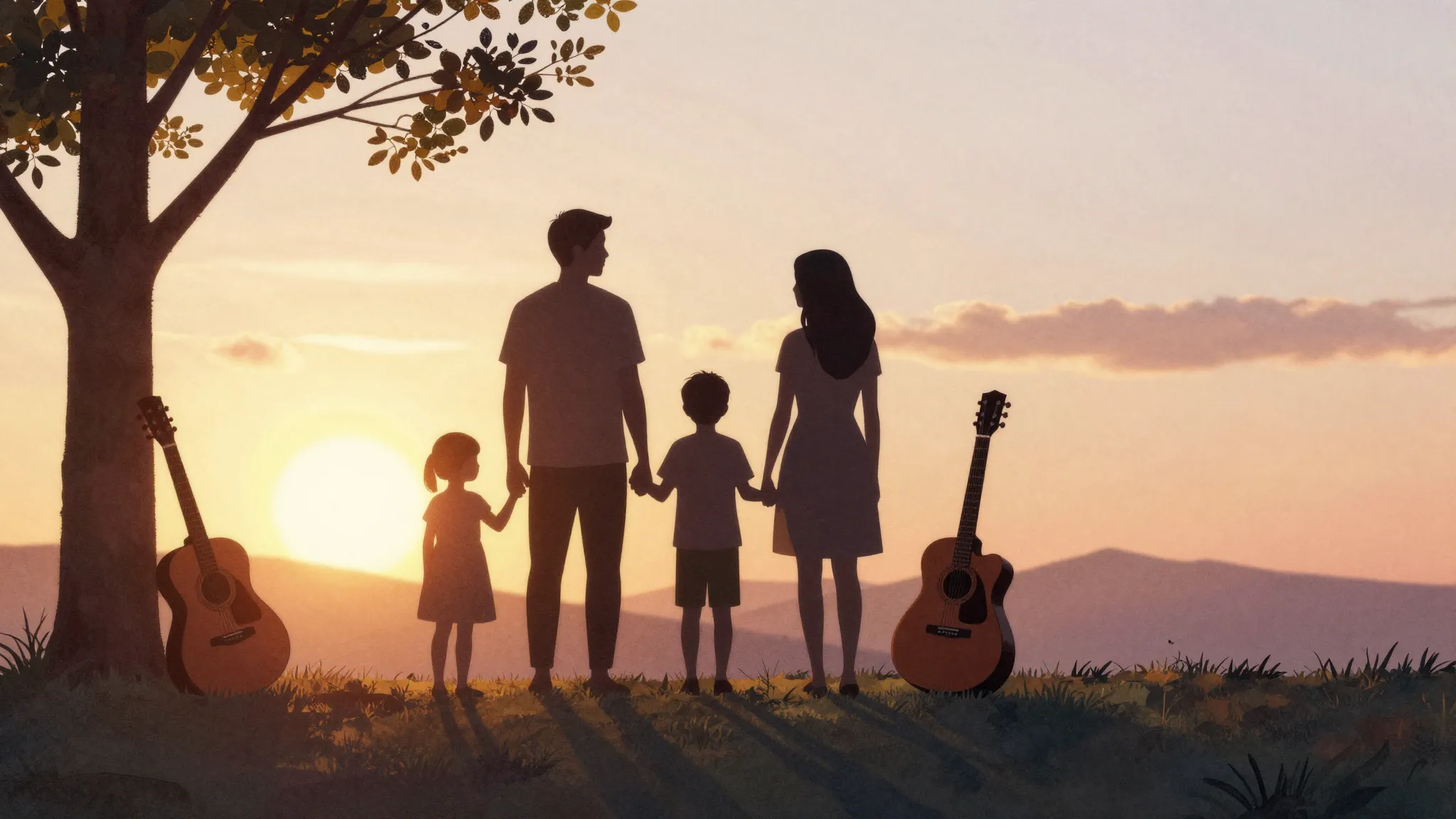 Watercolor style. Silhouette of a family standing together o...