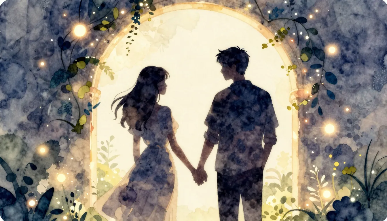 Watercolor style. A beautiful silhouette of a couple holding...