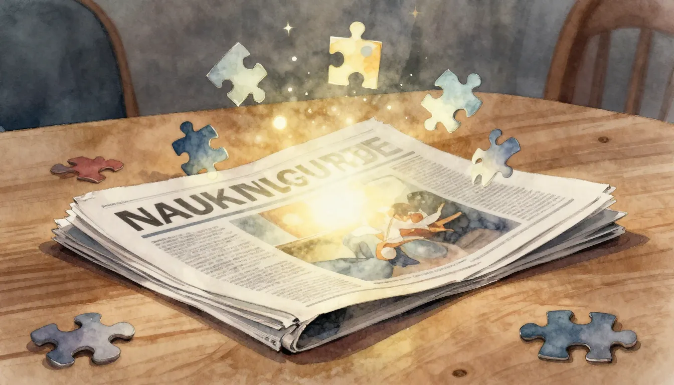 Watercolor style. A folded newspaper on a wooden table, glow...