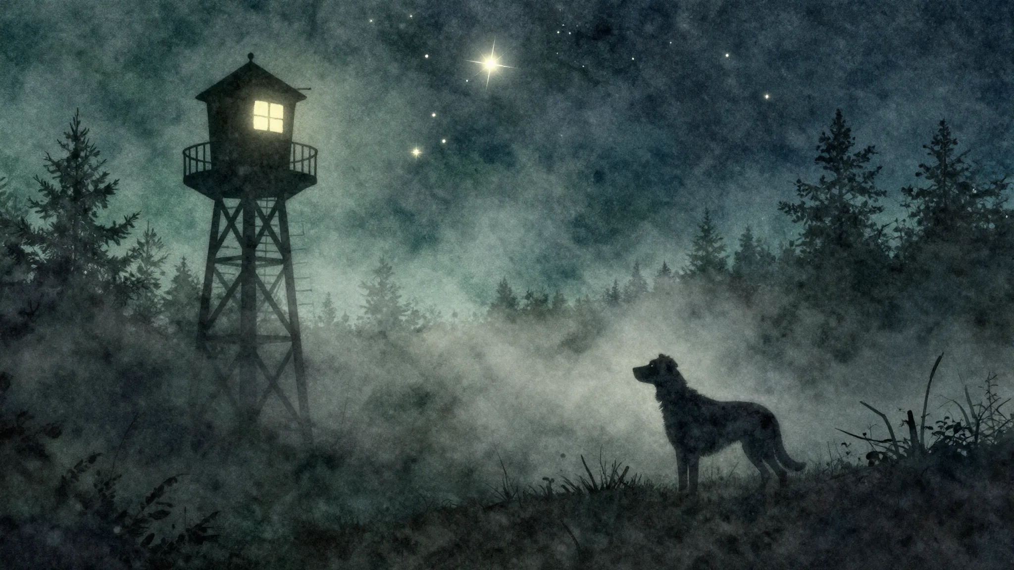 Watercolor style. Silhouette of a tall watchtower and a dog ...