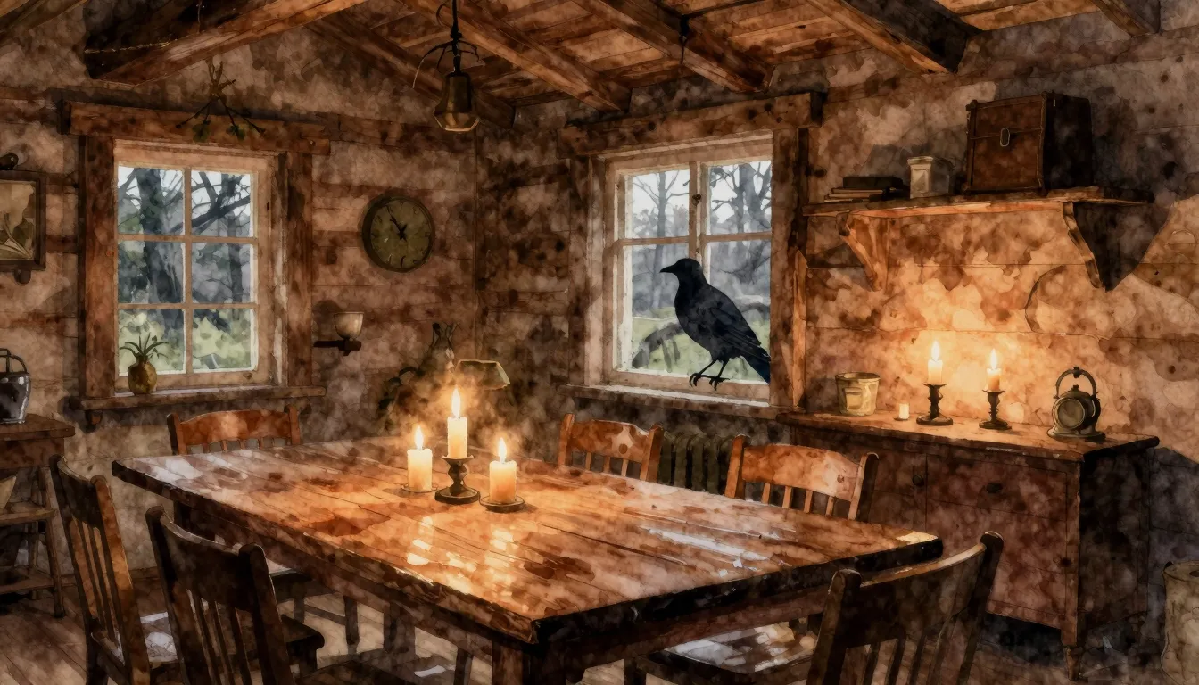 Watercolor style. A cozy rustic wooden house interior, a lar...
