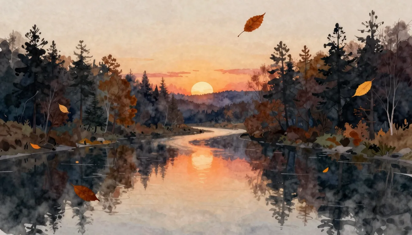 Watercolor style. A serene autumn landscape at dusk, falling...