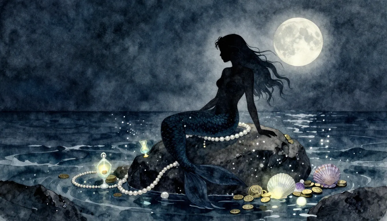 Watercolor style. Dark ocean water, a silhouette of a mermai...