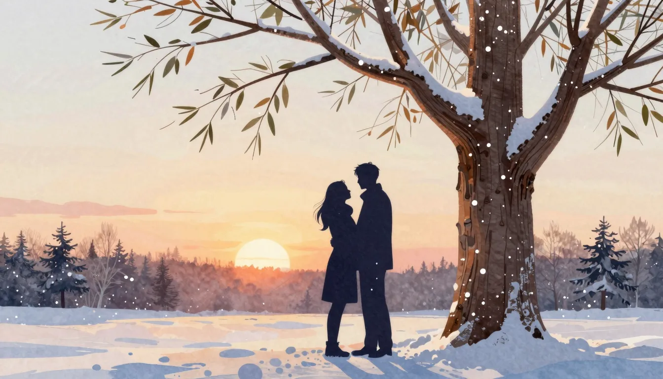Watercolor style. A silhouette of a couple standing under a ...