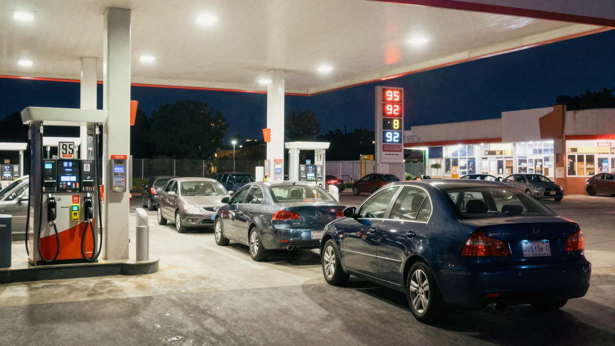 Watercolor style. A long line of cars waiting at a gas stati...