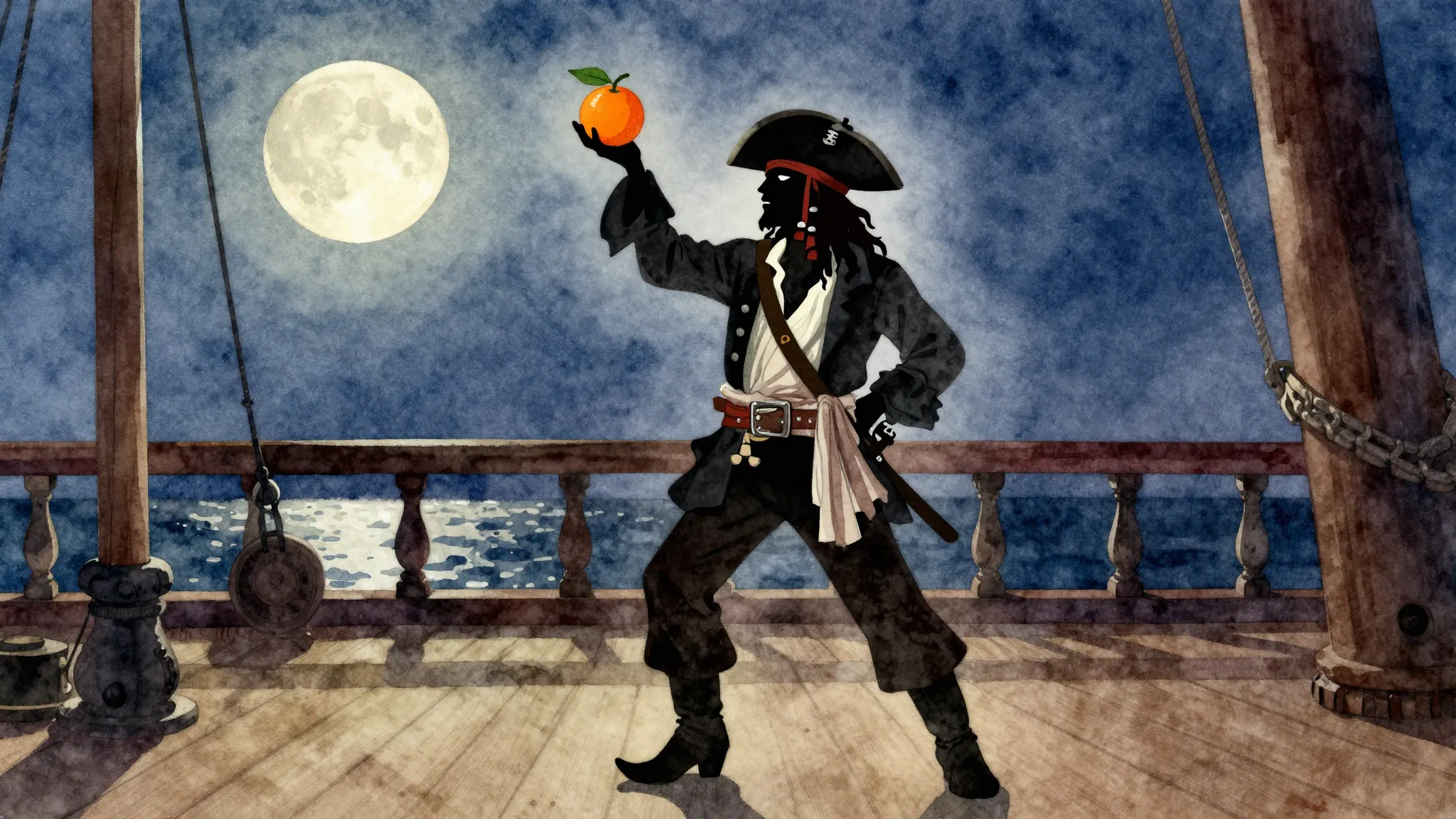Watercolor style. A silhouette of a pirate dancing on a ship...