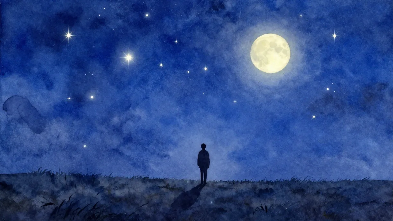Vibrant watercolor style. A lonely silhouette standing in a ...