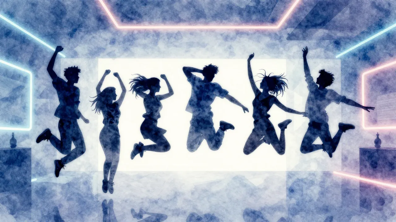 Watercolor style. Silhouettes of young people jumping and da...