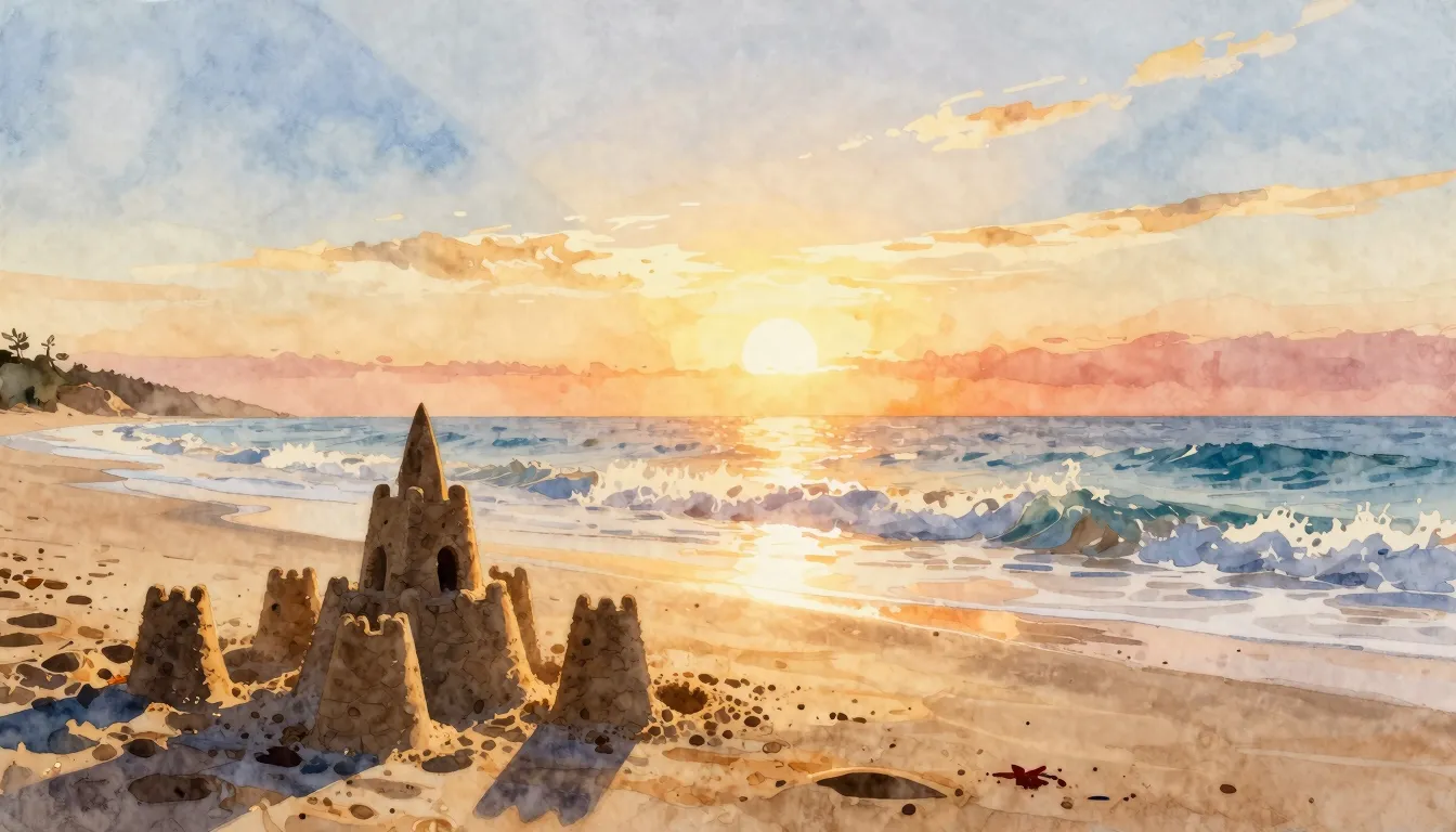 Watercolor style. A beautiful beach at sunset with silhouett...