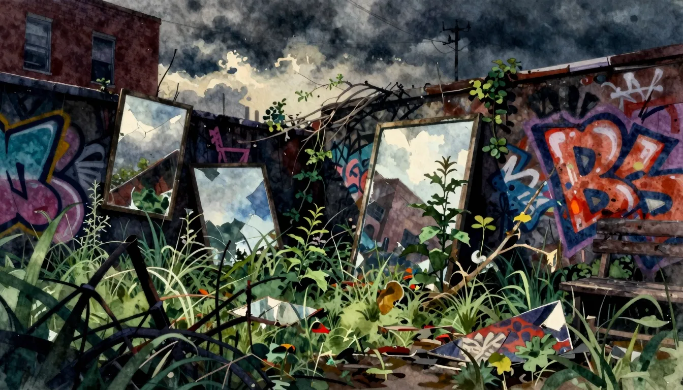 Vibrant watercolor style. A dark, gritty urban landscape fea...
