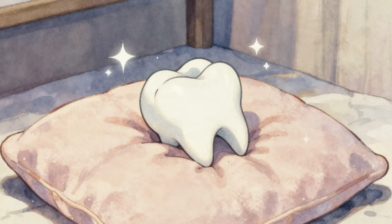 Watercolor style. A close-up of a small white tooth lying on...