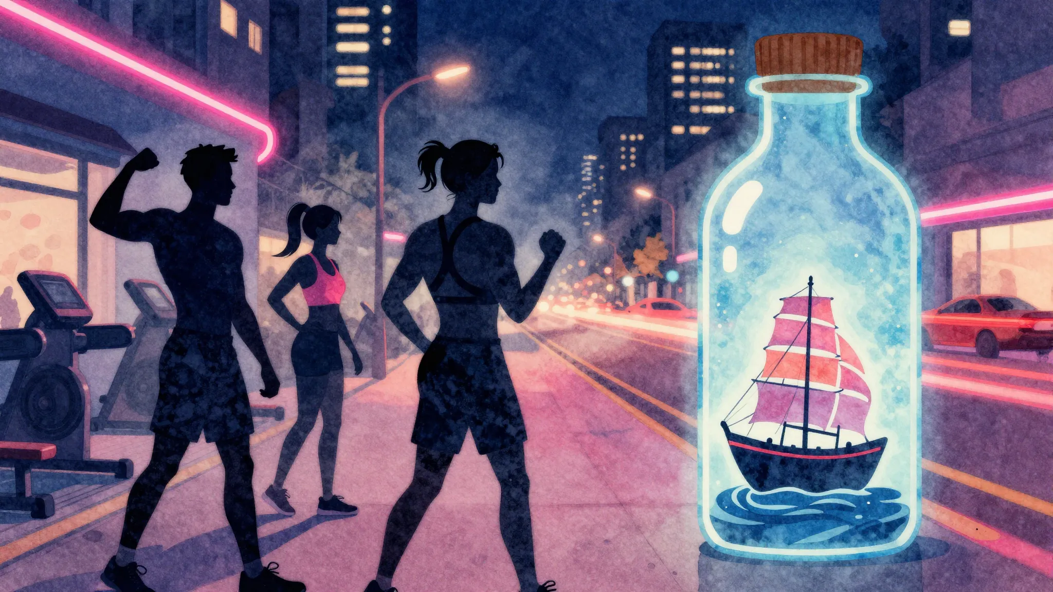 Watercolor style. Silhouette of three friends in a gym, neon...