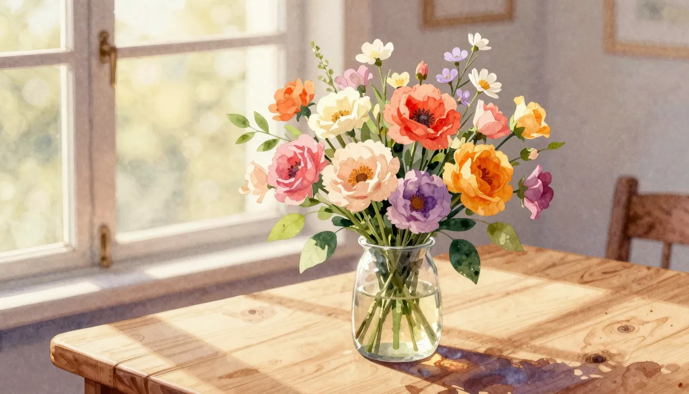 Watercolor style. A beautiful bouquet of bright flowers on a...