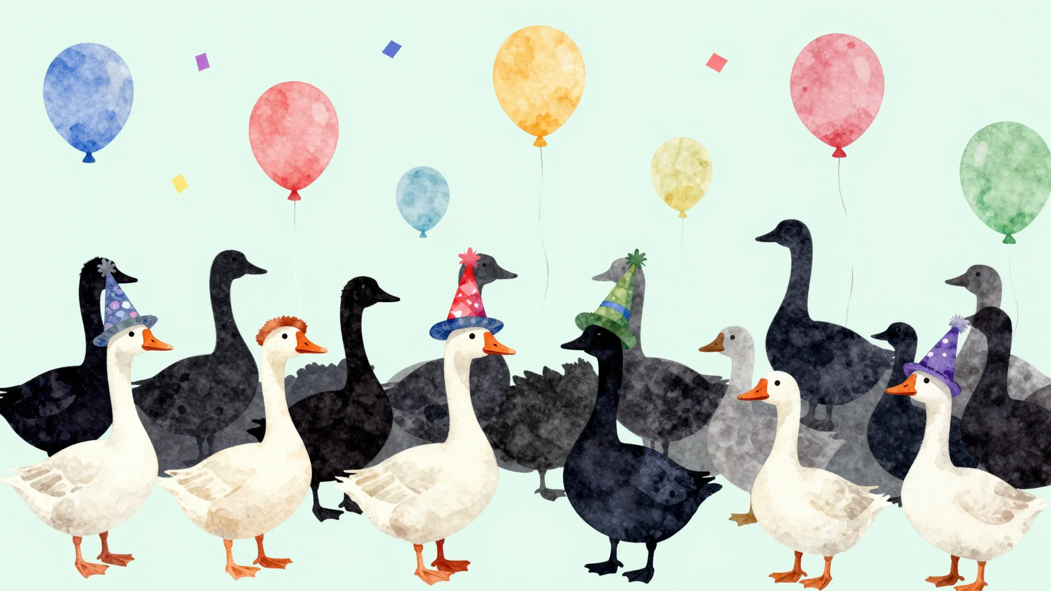 Watercolor style. A flock of geese wearing funny hats, festi...
