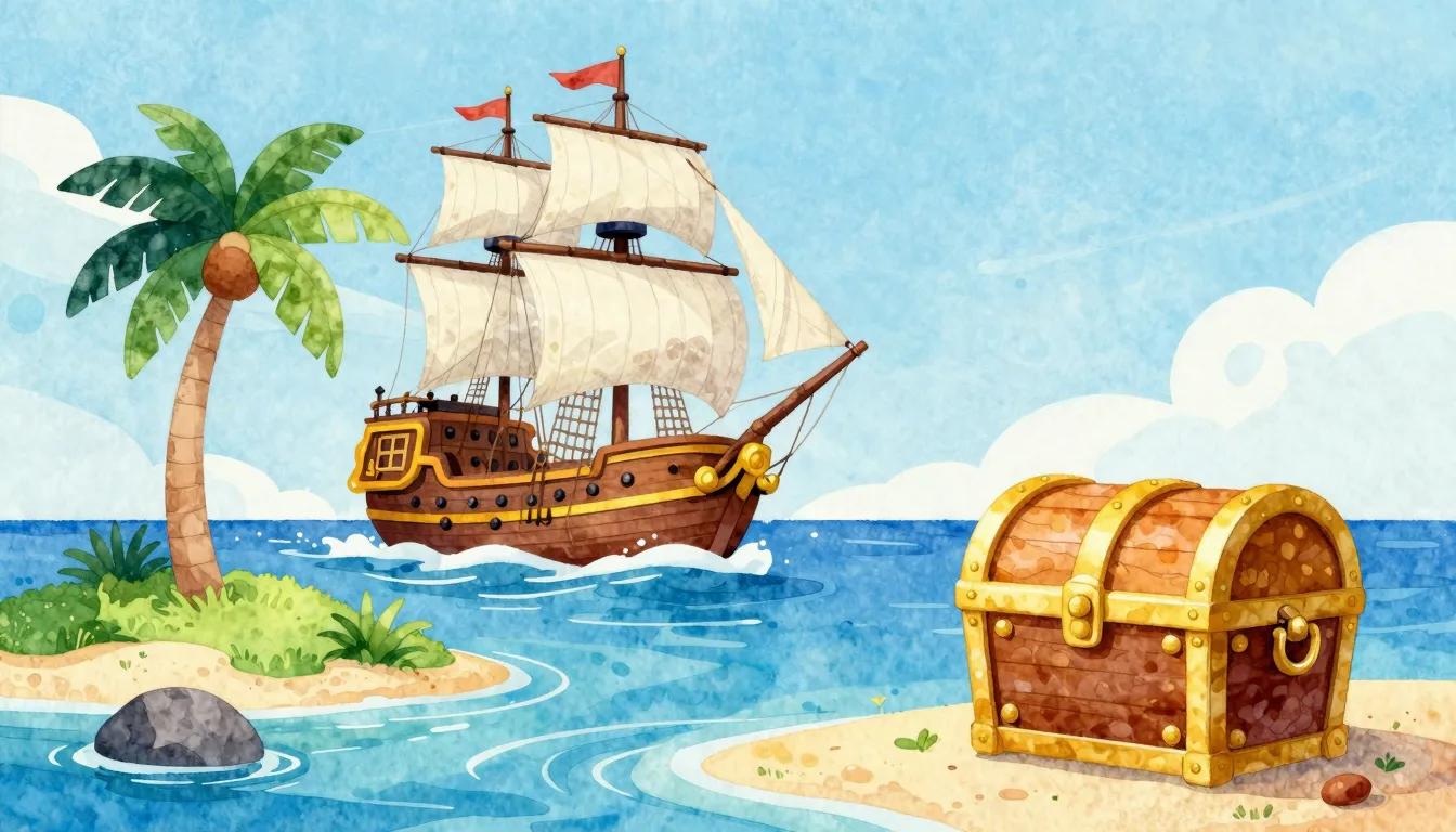 Vibrant watercolor style. A pirate ship with white sails on ...