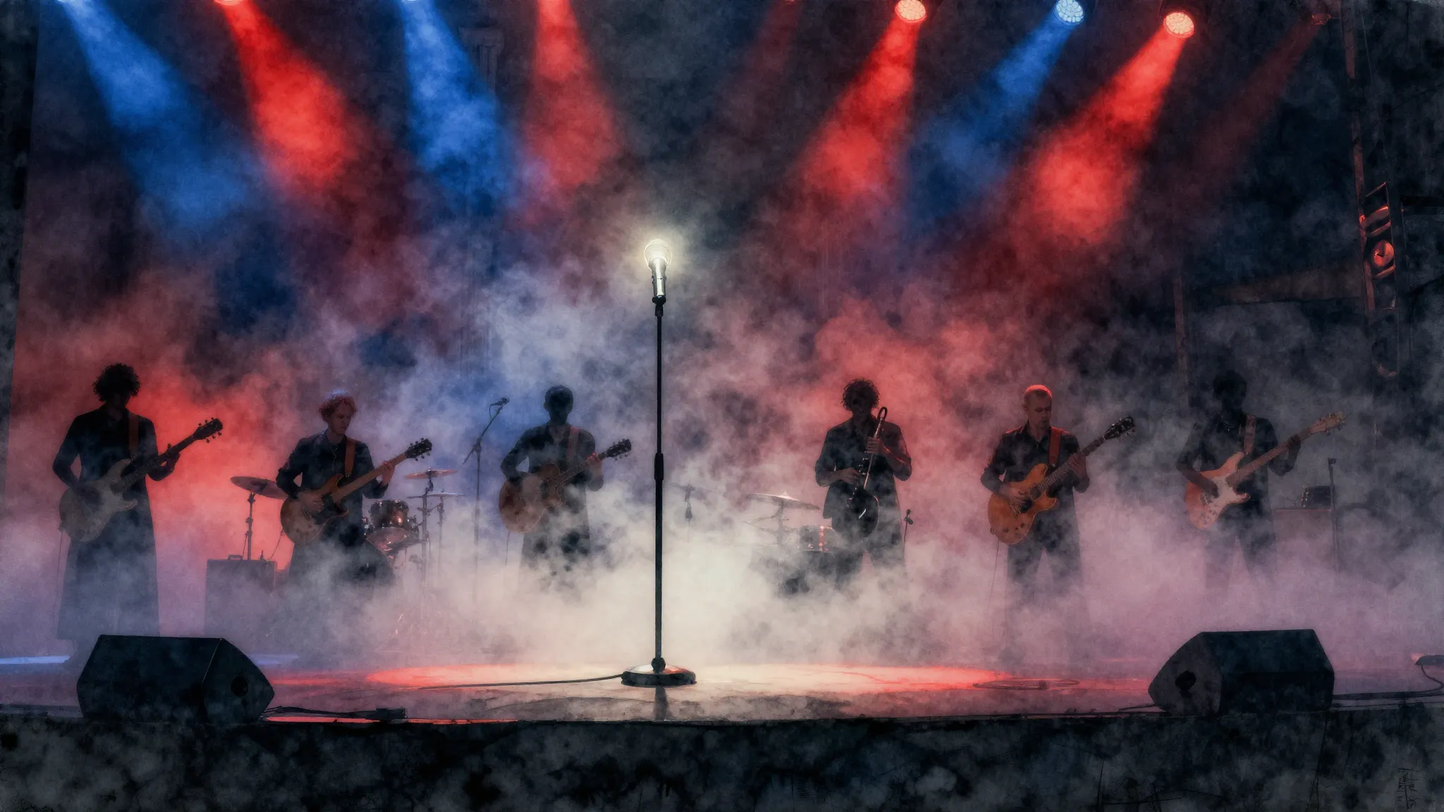 Watercolor style. Dark theatrical stage with heavy fog, dram...