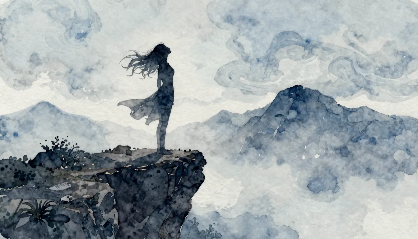 Watercolor style. Silhouette of a woman standing on a rocky ...